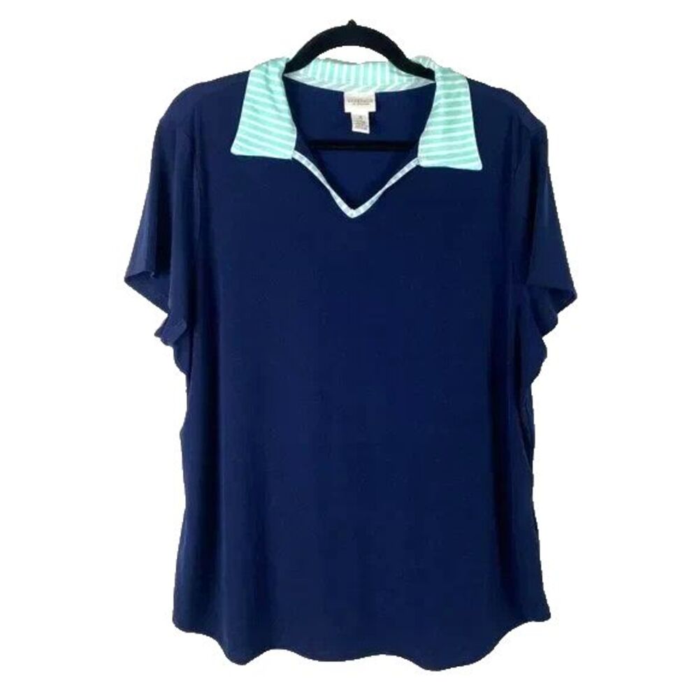 Chico's Weekend's Blue Notch Neck Polo with Contrast Collar Sz 1 NWT - Picture 1 of 4